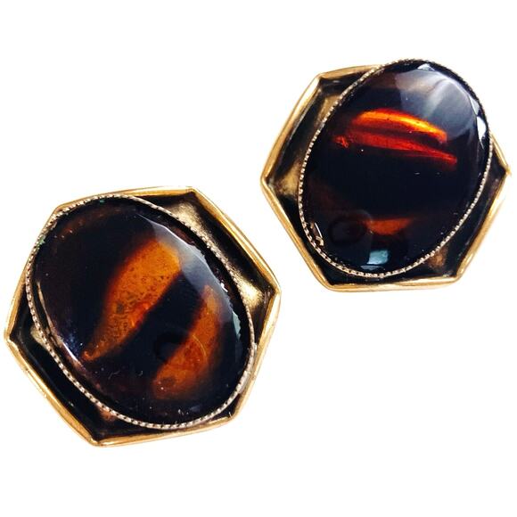 Vintage Signed Original by Robert Clip On Earrings, MCM Glass Hexagon Cabochon - Picture 1 of 10